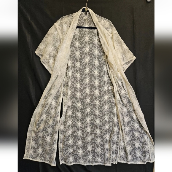Kimono Duster Cardigan Med Lace Sheer Long Off White Gypsy Boho Western Peasant - Picture 1 of 12